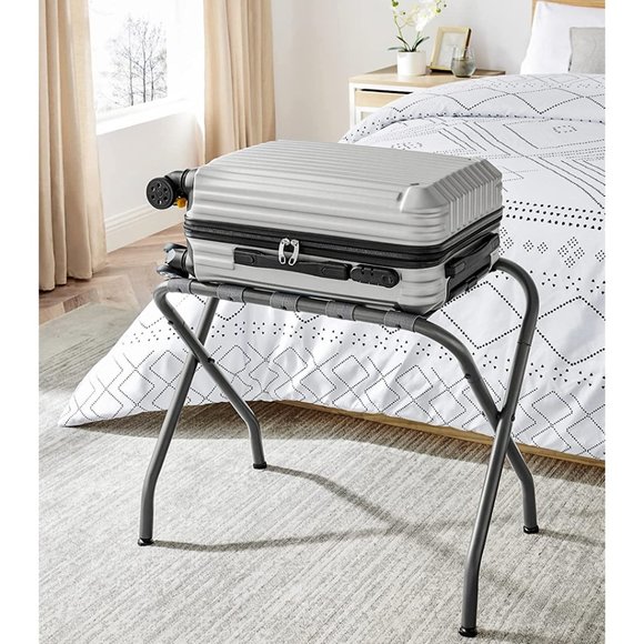 Luggage Rack Stand Suitcase Rack Folding Metal Gray Nylon Belt Rubber Feet - Picture 3 of 7